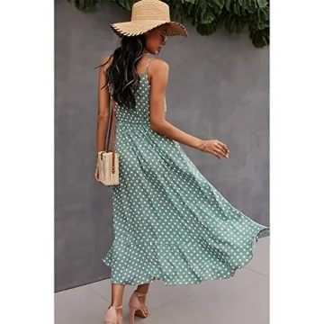 BROVAVE Women's 2025 Summer Casual Boho Sundress Polka Dot Spaghetti Strap V Neck Flowy Midi Dresses(008 Green, Medium)