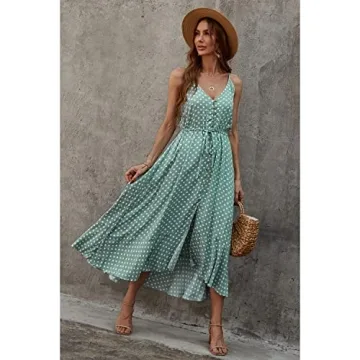 BROVAVE Women's 2025 Summer Casual Boho Sundress Polka Dot Spaghetti Strap V Neck Flowy Midi Dresses(008 Green, Medium)