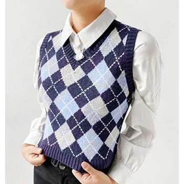 Womens Sweater Vest Argyle Plaid Crop Sweaters Sleeveless Preppy Style Tank Tops