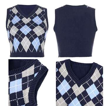 Womens Sweater Vest Argyle Plaid Crop Sweaters Sleeveless Preppy Style Tank Tops