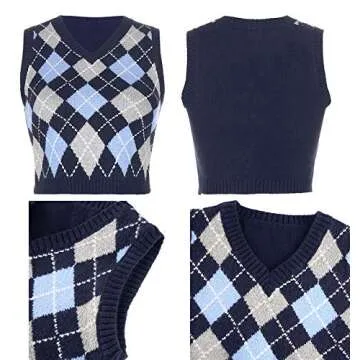 Womens Sweater Vest Argyle Plaid Crop Sweaters Sleeveless Preppy Style Tank Tops