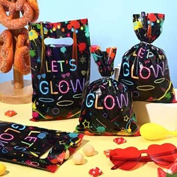 Pajean 100 Pieces Let's Glow Party Bags in the Dark Supplies Neon Goodie Candy with Die Cut Handles Theme Treat Gift for Kids Birthday Baby Shower Decorations