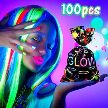 Pajean 100 Pieces Let's Glow Party Bags in the Dark Supplies Neon Goodie Candy with Die Cut Handles Theme Treat Gift for Kids Birthday Baby Shower Decorations