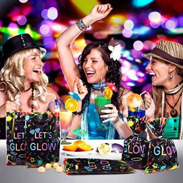 Pajean 100 Pieces Let's Glow Party Bags in the Dark Supplies Neon Goodie Candy with Die Cut Handles Theme Treat Gift for Kids Birthday Baby Shower Decorations