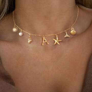 Ewrkbr Charm Initial Necklace for Women, 14K Gold Plated Summer Seashell Letter Necklace Boho Beach ...