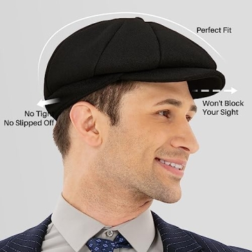 Men's Black Newsboy Cap - POUDAY Flat Winter Hat