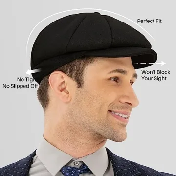 Men's Black Newsboy Cap - POUDAY Flat Winter Hat