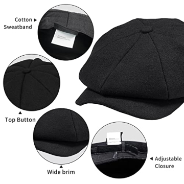 Men's Black Newsboy Cap - POUDAY Flat Winter Hat