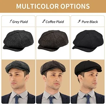 Men's Black Newsboy Cap - POUDAY Flat Winter Hat