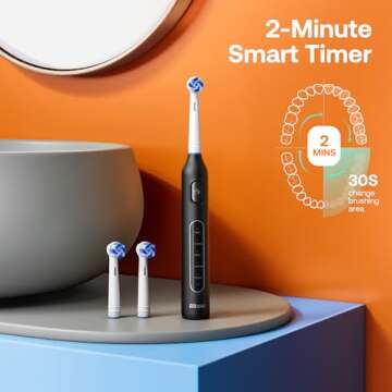 Bitvae R1 Rotating Electric Toothbrush with 8 Brush Heads for Adults and Kids, 60-Day Battery Life, 5 Modes Rechargeable Power Toothbrush with 2-Minute Smart Timer, Black