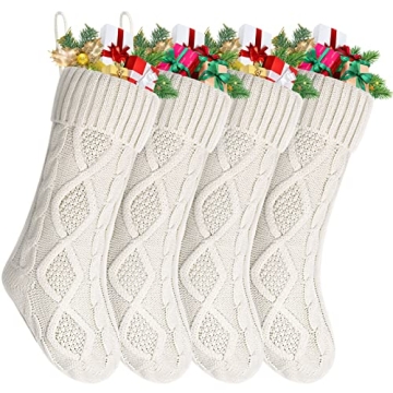 Nelyeqwo Christmas Stockings Large 18 Inches Christmas Stockings with DIY Name Tags White Cable Knit...