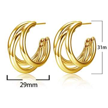 Chunky Gold Hoop Earrings for Women, Triple Hoop Earrings, Multi Tube C Thick Hoops Earrings, Best Gift for Women