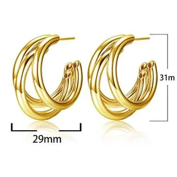 Chunky Gold Hoop Earrings for Women, Triple Hoop Earrings, Multi Tube C Thick Hoops Earrings, Best Gift for Women