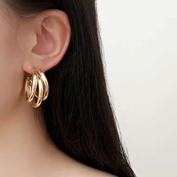 Chunky Gold Hoop Earrings for Women, Triple Hoop Earrings, Multi Tube C Thick Hoops Earrings, Best Gift for Women