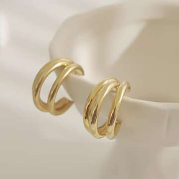 Chunky Gold Hoop Earrings for Women, Triple Hoop Earrings, Multi Tube C Thick Hoops Earrings, Best Gift for Women
