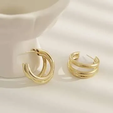 Chunky Gold Hoop Earrings for Women, Triple Hoop Earrings, Multi Tube C Thick Hoops Earrings, Best Gift for Women