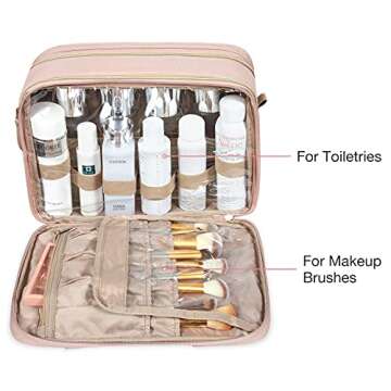 BAGSMART Travel Makeup Bag - Water-resistant Cosmetic Organizer for Full Sized Toiletries, Shampoo, and Accessories (Pink, Large)