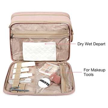 BAGSMART Travel Makeup Bag - Water-resistant Cosmetic Organizer for Full Sized Toiletries, Shampoo, and Accessories (Pink, Large)