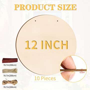 12 Inch Wood Circles for Crafts, 10Pcs Unfinished Wood Rounds for Cricut Projects, Burning, Painting...