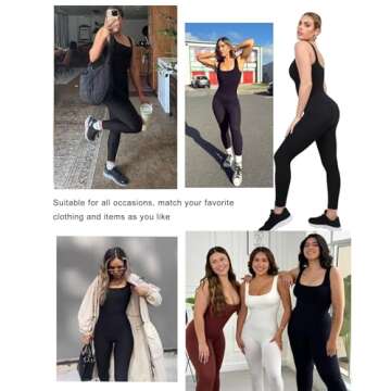 Popilush Jumpsuits for Women Built-In Bra Square Neck Ribbed Bodycon Workout Seamless Leggings Rompers Bodysuits Black Jumpsuit