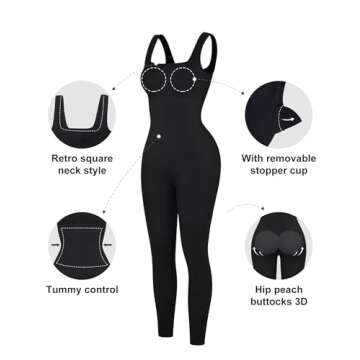 Popilush Jumpsuits for Women Built-In Bra Square Neck Ribbed Bodycon Workout Seamless Leggings Rompers Bodysuits Black Jumpsuit