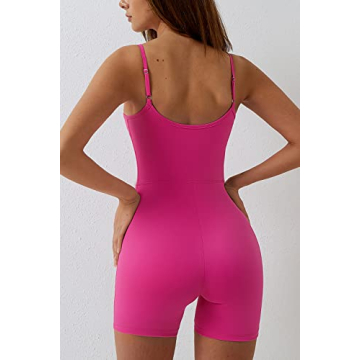 QINSEN Hot Pink Bodysuit Jumpsuit for Womens Sexy U Neck Elastic Waist Summer Romper Outfit S