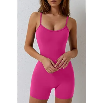 QINSEN Hot Pink Bodysuit Jumpsuit for Womens Sexy U Neck Elastic Waist Summer Romper Outfit S