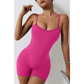 QINSEN Hot Pink Bodysuit Jumpsuit for Womens Sexy U Neck Elastic Waist Summer Romper Outfit S