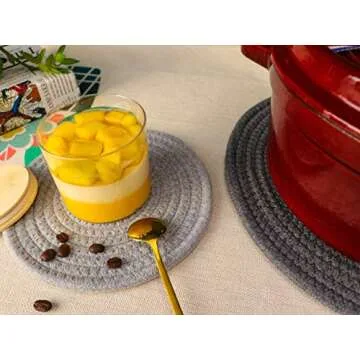 5-Pcs Trivet Pot Holder: Round Woven Potholders Set - 100% Cotton Braided Hot Pads - Coasters - Table Mats for Cooking and Baking One 11.8 Inch and Four 7 Inch