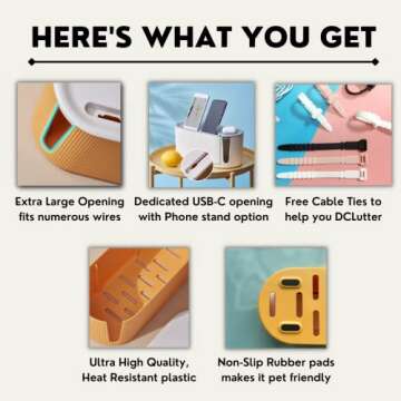 DClutter Cable Management Box | Cord Organizer to Conceal Computer, Router, TV Wires, & Power Strip | Modern, Minimalistic, Sleek & Sturdy Design | 3 Free Silicone Cable Ties Included - Honey Yellow