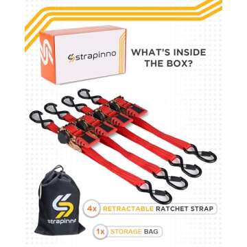Strapinno 4pcs Retractable Ratchet Straps Bundle (1-in x 6-ft),Secure Tie-Downs with Rubber-Coated Steel Handles, S-Hooks & Durable Hardware for Daily Use with Breaking Strength - 1,500LBS/680KG Each