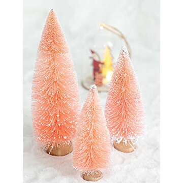 Firlar 4 PCS Artificial Mini Christmas Trees Set, Miniature Sisal Christmas Trees Bottle Brush Trees, Miniature Pine Trees with Wood Base Tabletop Trees for DIY Crafts Home Tabletop Decor, Pink