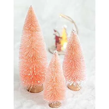 Firlar 4 PCS Artificial Mini Christmas Trees Set, Miniature Sisal Christmas Trees Bottle Brush Trees, Miniature Pine Trees with Wood Base Tabletop Trees for DIY Crafts Home Tabletop Decor, Pink
