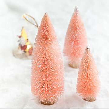 Firlar 4 PCS Artificial Mini Christmas Trees Set, Miniature Sisal Christmas Trees Bottle Brush Trees, Miniature Pine Trees with Wood Base Tabletop Trees for DIY Crafts Home Tabletop Decor, Pink