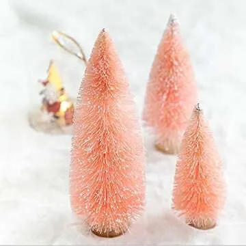 Firlar 4 PCS Artificial Mini Christmas Trees Set, Miniature Sisal Christmas Trees Bottle Brush Trees, Miniature Pine Trees with Wood Base Tabletop Trees for DIY Crafts Home Tabletop Decor, Pink