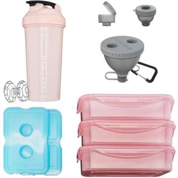 Hydra Cup Insulated Lunch Bag with Containers - Meal Prep Bag Included Ice Packs, Shaker Bottle, Protein Funnels & Luggage Strap, Travel Meal Bag, Meal Prep Lunch Box (Pink)