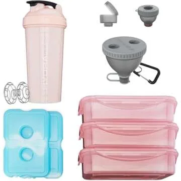 Hydra Cup Insulated Lunch Bag with Containers - Meal Prep Bag Included Ice Packs, Shaker Bottle, Protein Funnels & Luggage Strap, Travel Meal Bag, Meal Prep Lunch Box (Pink)