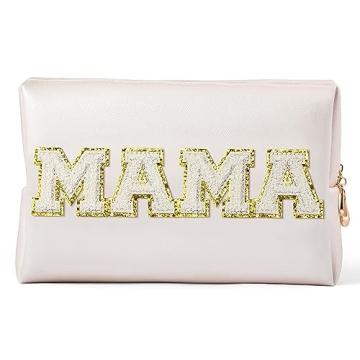 Y1tvei Preppy Patch MAMA White Chenille Letter Extra Large Cosmetic Bag PU Leather Waterproof Portab...