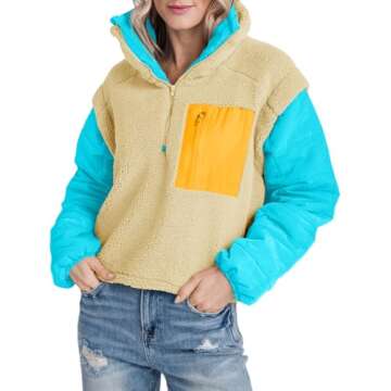 Tankaneo Womens Fleece Puffer Pullover Jacket Sherpa Fuzzy Coat Fall Winter Half Zip Color Block Swe...