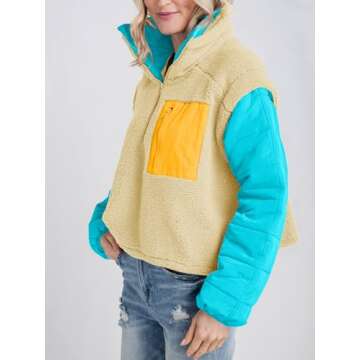 Tankaneo Womens Fleece Puffer Pullover Jacket Sherpa Fuzzy Coat Fall Winter Half Zip Color Block Sweatshirt Beige