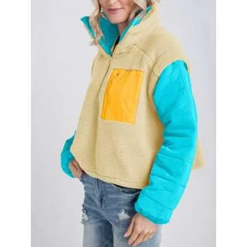 Tankaneo Womens Fleece Puffer Pullover Jacket Sherpa Fuzzy Coat Fall Winter Half Zip Color Block Sweatshirt Beige