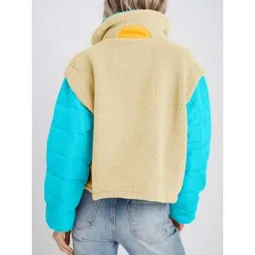 Tankaneo Womens Fleece Puffer Pullover Jacket Sherpa Fuzzy Coat Fall Winter Half Zip Color Block Sweatshirt Beige