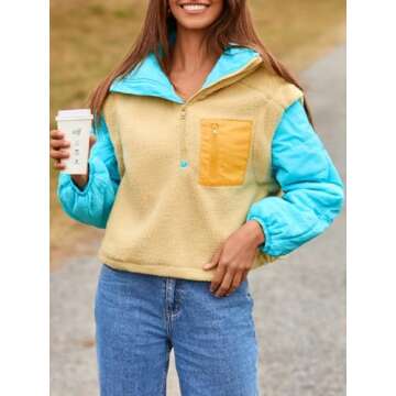Tankaneo Womens Fleece Puffer Pullover Jacket Sherpa Fuzzy Coat Fall Winter Half Zip Color Block Sweatshirt Beige