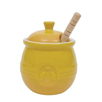 Creative Co-Op Yellow Stoneware Honey Pot with Lid & Wood Honey Dipper