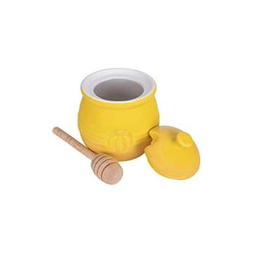Creative Co-Op Yellow Stoneware Honey Pot with Lid & Wood Honey Dipper