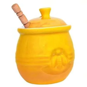 Creative Co-Op Yellow Stoneware Honey Pot with Lid & Wood Honey Dipper