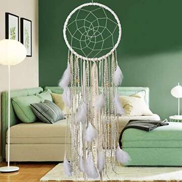Alynsehom Extra Large Dream Catcher with White Feather Golden Bells for Baby Kids Bedroom Wall Hanging Decoration Wedding Party Boho Big Dreamcatcher Ornament Gift- Dia. 12”, Length 43”