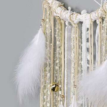Alynsehom Extra Large Dream Catcher with White Feather Golden Bells for Baby Kids Bedroom Wall Hanging Decoration Wedding Party Boho Big Dreamcatcher Ornament Gift- Dia. 12”, Length 43”