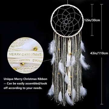 Alynsehom Extra Large Dream Catcher with White Feather Golden Bells for Baby Kids Bedroom Wall Hanging Decoration Wedding Party Boho Big Dreamcatcher Ornament Gift- Dia. 12”, Length 43”