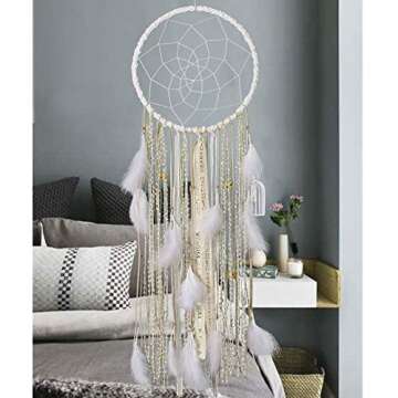 Alynsehom Extra Large Dream Catcher with White Feather Golden Bells for Baby Kids Bedroom Wall Hanging Decoration Wedding Party Boho Big Dreamcatcher Ornament Gift- Dia. 12”, Length 43”